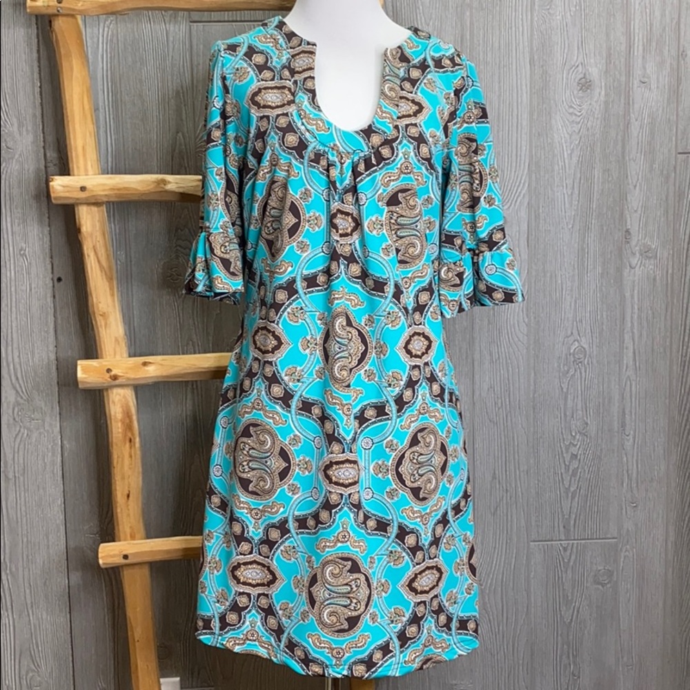 Jude Connally Turquoise and Brown Paisley Midi Dress